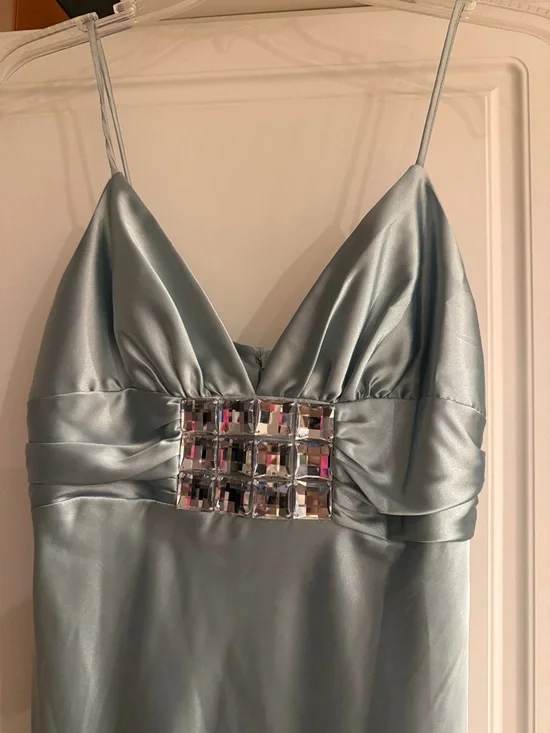 Jessica McClintock Bluish Sage Green Satin Maxi Dress with Jeweled - Picture 2 of 4